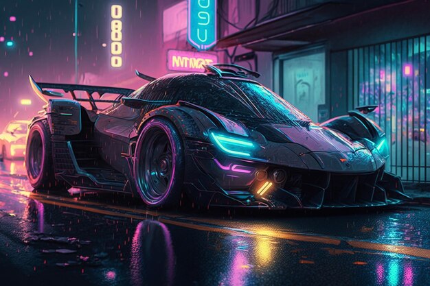 Voiture supersport à cyberpunk city avec néons générative ai