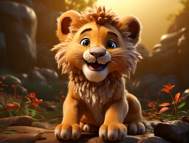 Vue d'un adorable lionceau animé en 3D avec fond nature