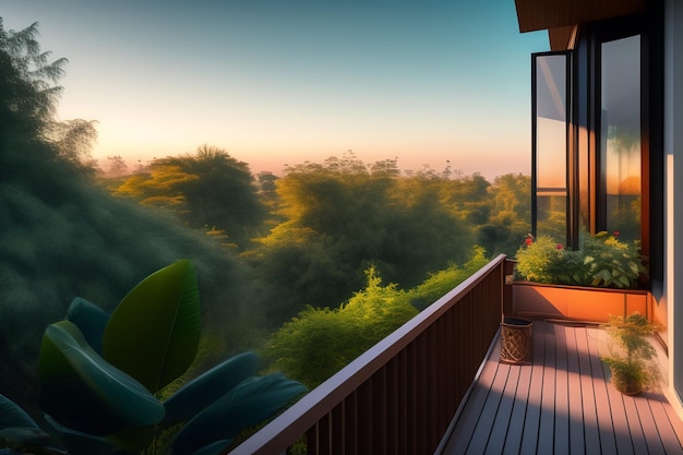 Photo gratuite vue d'un balcon d'une maison avec un coucher de soleil en arrière-plan.