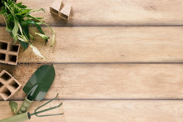 Photo gratuit vue de dessus du plateau de tourbe; plante; showel et râteau sur le bureau en bois