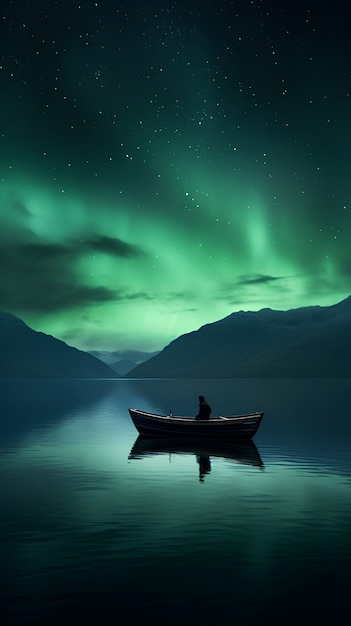 Photo gratuite vue du bateau sur l'eau avec des aurores boréales