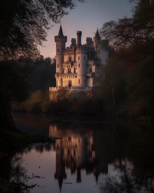 Photo gratuite vue du château avec le lac et le paysage naturel