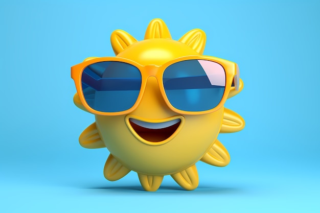 Photo gratuite vue du smiley 3d et du soleil heureux avec fond bleu