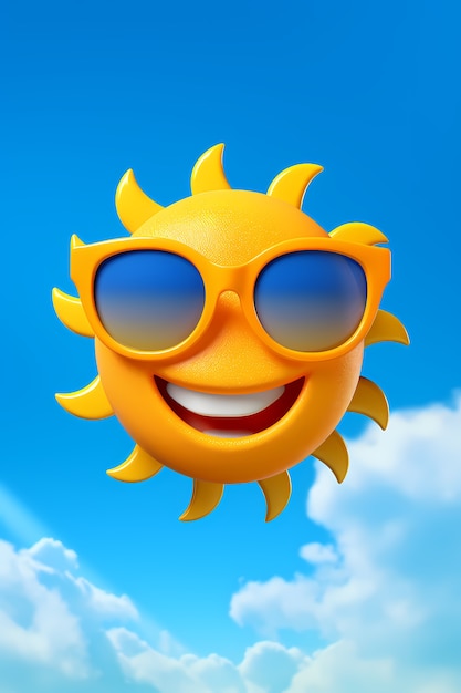 Photo gratuite vue du smiley 3d et du soleil heureux avec fond de ciel