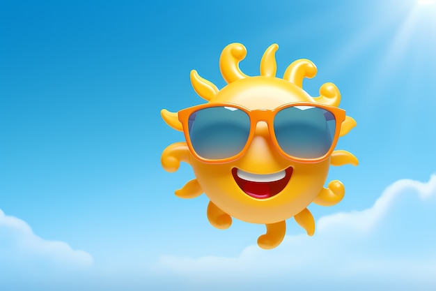 Photo gratuite vue du smiley 3d et du soleil heureux avec fond de ciel