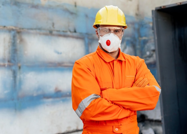 Photo gratuite vue de face du travailleur masculin avec casque et copie espace