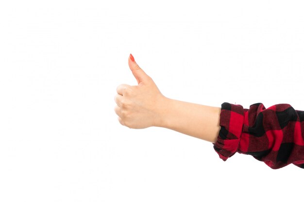 Photo gratuit une vue de face de la main féminine en chemise à carreaux noir-rouge montrant un signe impressionnant sur le blanc