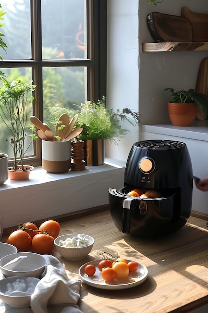 Photo gratuite vue d'une friteuse à air moderne avec de la nourriture