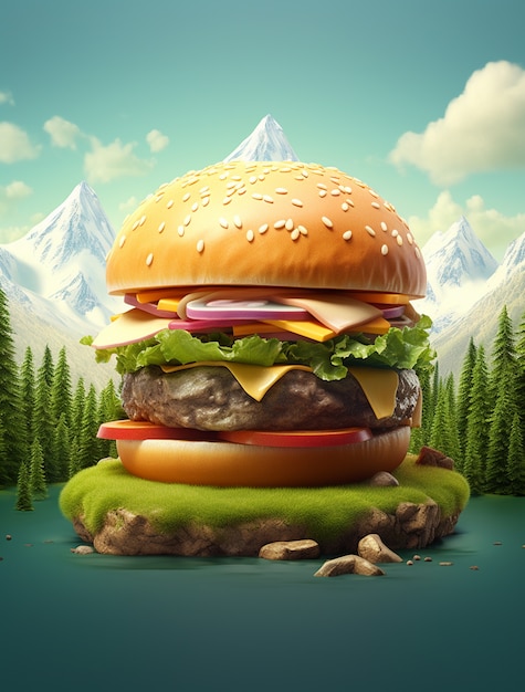 Photo gratuite vue d'un hamburger 3d avec paysage naturel