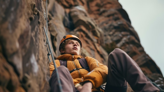 Photo gratuite vue d'un jeune homme faisant de l'escalade et s'entraînant au bouldering