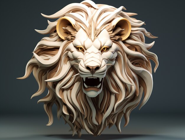 Vue d'une tête de lion féroce en 3D avec \mane