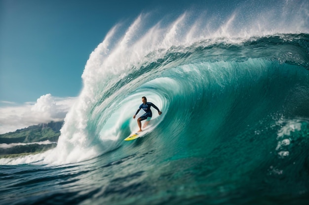 Photo 2 juin 2019 bali indonésie surfeur sur une vague de baril surf professionnel sur de grandes vagues