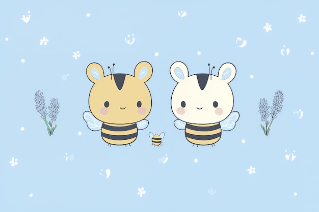 Photo des abeilles de dessin animé avec des fleurs de lavande sur fond bleu