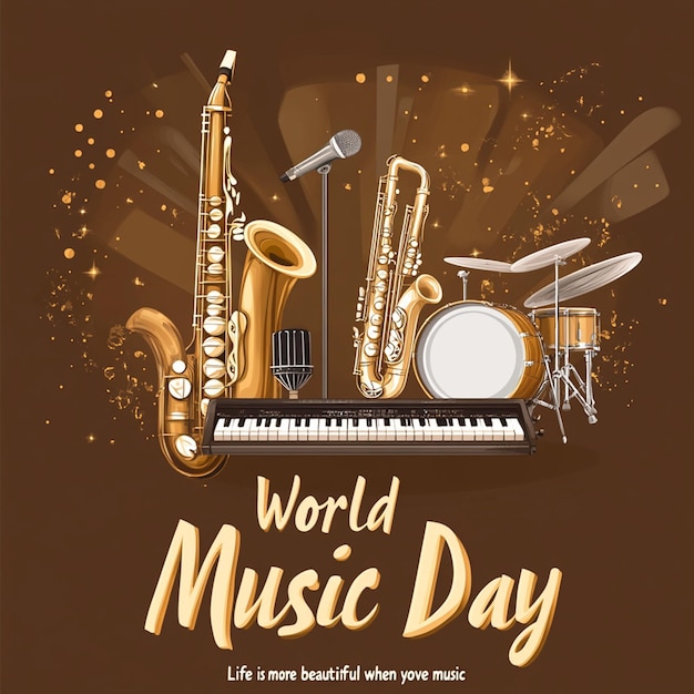 Photo affiche de la journée mondiale de la musique avec saxophone à guitare et clavier