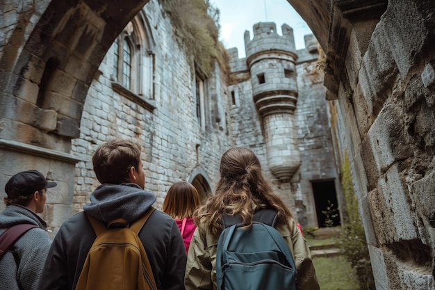 Photo des amis explorent les ruines d'un château médiéval.