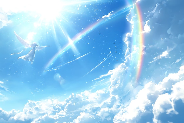 Photo un ange aux ailes volant dans le ciel avec un arc-en-ciel et un éclair de soleil