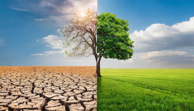 Photo arbre à moitié vert à moitié sécheresse symbolisant l'impact du changement climatique et la transition vers une croissance verte visu