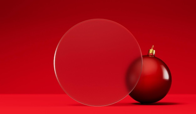 Arrière-plan festif de Noël Décorations de babiole rouge avec une bannière en verre dépoli vierge Rendu 3D