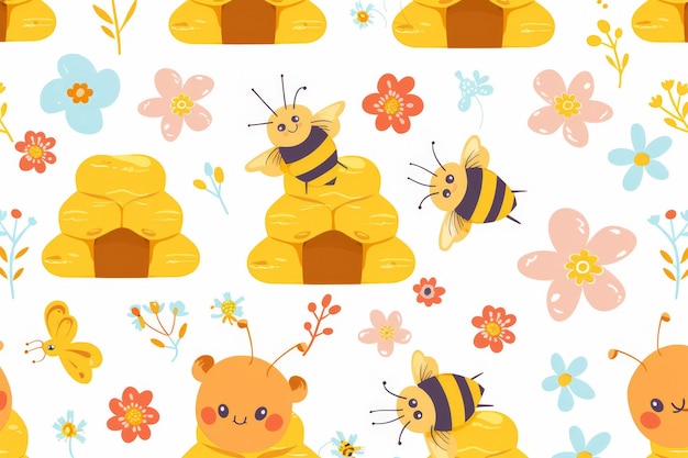 Photo arrière-plan de miel de ruche avec des dessins animés d'abeilles et de jolies fleurs illustration vectorielle sans couture isolée sur fond blanc