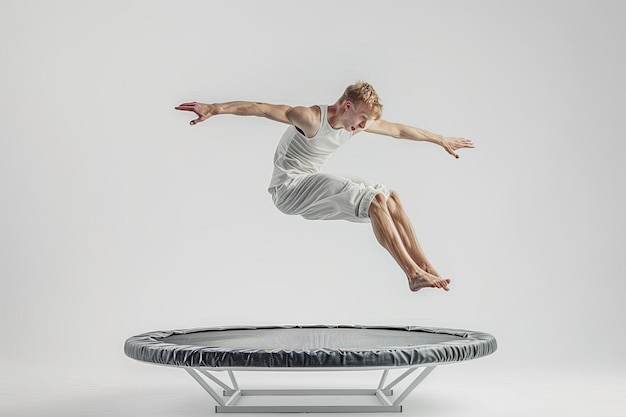 Photo l'art de l'acrobatie sur trampoline sur fond blanc