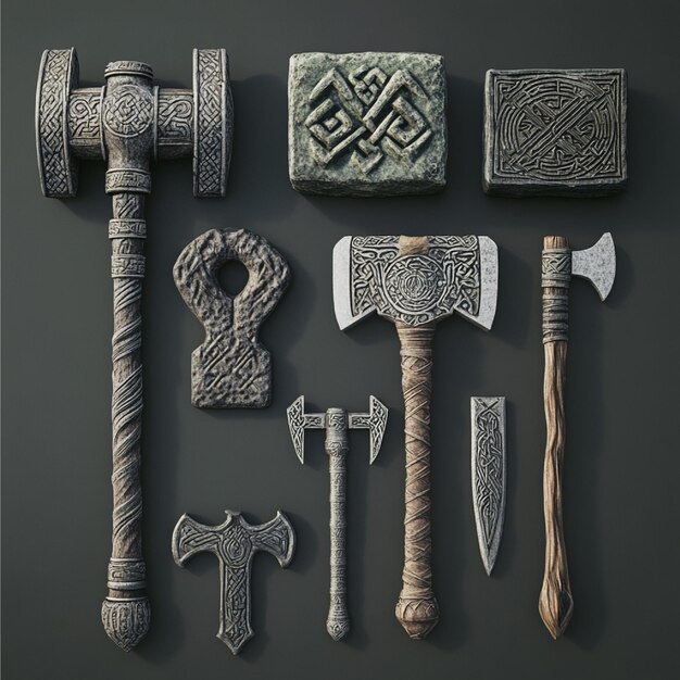 Photo des artefacts légendaires des dieux nordiques tels que le marteau de thor, la lance d'odin et d'autres objets mythiques.