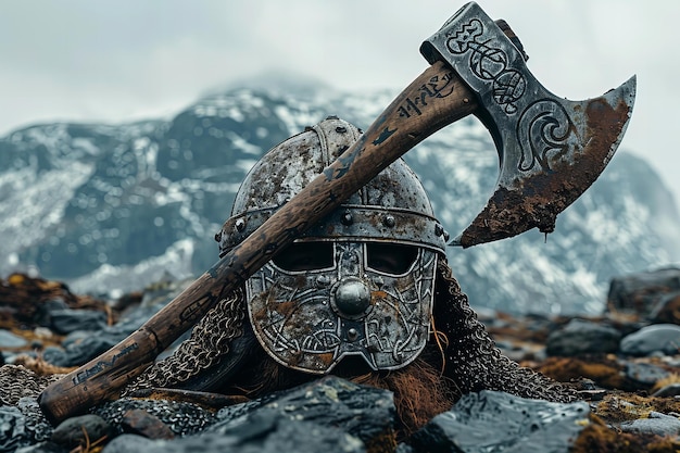 Photo artwork numérique d'une photo d'une vieille hache viking et d'un casque posés sur une tête avec un dos de montagne