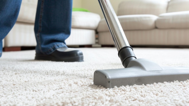 Photo un aspirateur sur un tapis blanc dans le salon.