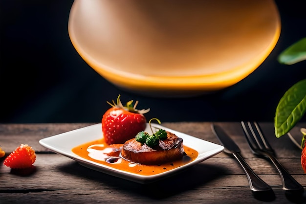 Photo une assiette de nourriture avec une fraise et un couteau dessus