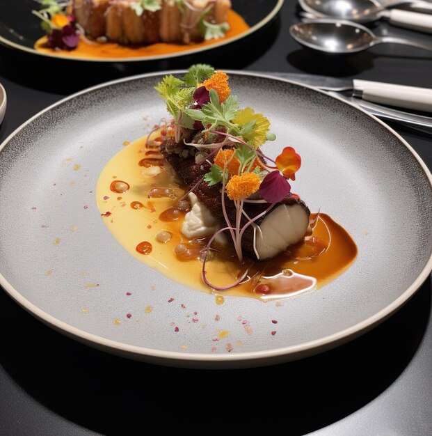 Photo une assiette de nourriture avec un liquide jaune dessus