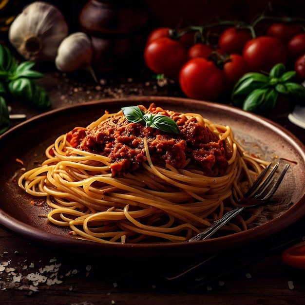 Une assiette de spaghettis avec une fourchette et une sauce tomate dessus.