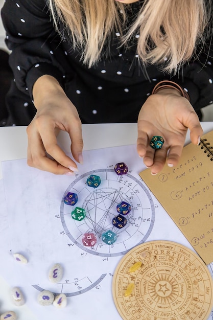 Photo l'astrologue numérologue femme compte les nombres mise au point sélective