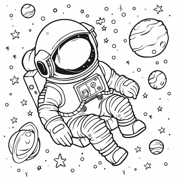 Astronaute flottant dans l'espace avec des planètes et des étoiles Livre à colorier dessin en ligne illustration vectorielle