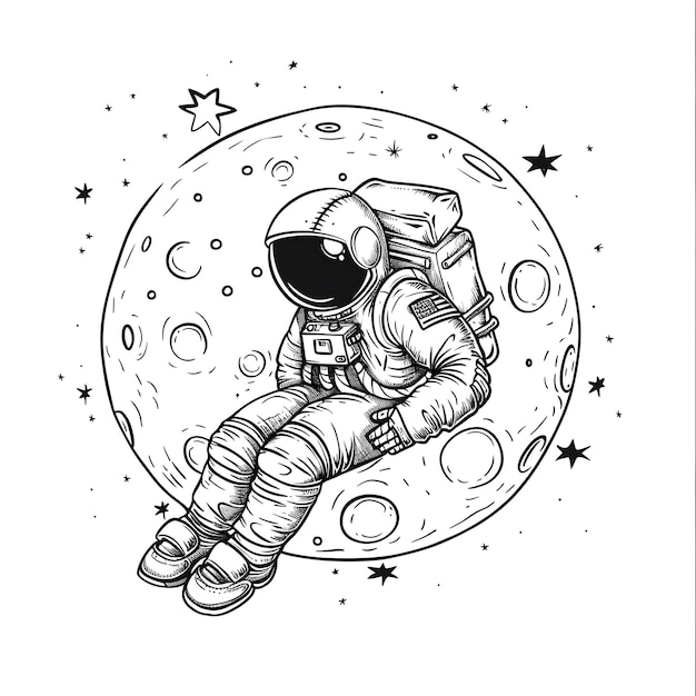 Astronaute mignon et Doodle d'astronomie pour enfants Set vectoriel de coloration Astronaute en combinaison spatiale assis sur la lune