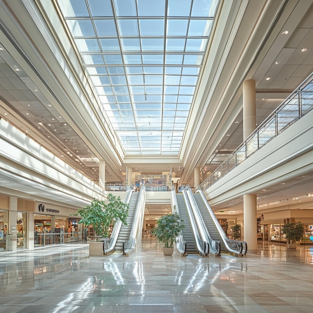 Photo atrium du centre commercial une image en haute résolution d'un atrium de centre commercial spacieux avec des escaliers mécaniques et des lucarnes1