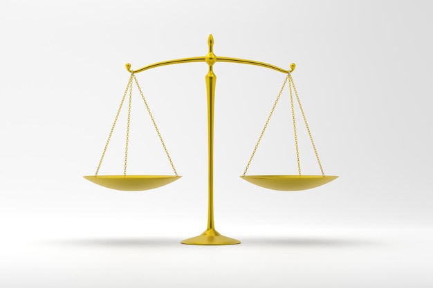 Balance de la justice en couleur dorée sur fond blanc rendu 3d du symbole de la Cour