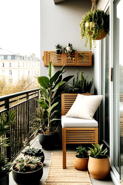 Photo un balcony avec une plante et un balcon avec une vue sur la ville