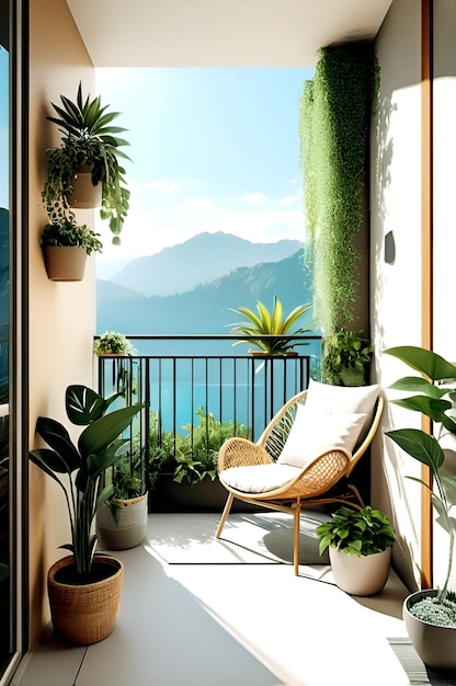 Photo un balcony avec une plante et un balcon avec une vue sur la ville