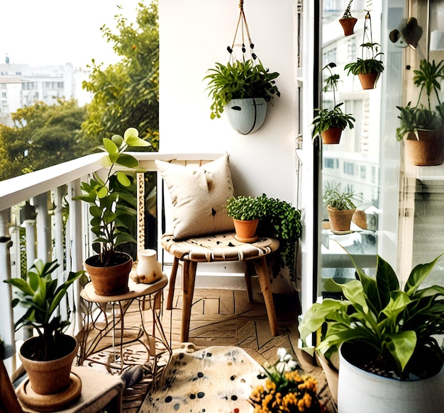 Photo un balcony avec des plantes et un balcon avec un balcon en arrière-plan