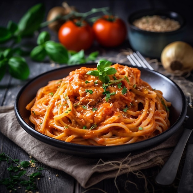 Barres de spaghetti salées Un délicieux plat de déjeuner avec des tomates et de la sauce