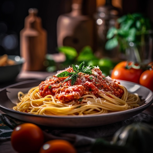 Barres de spaghetti salées Un délicieux plat de déjeuner avec des tomates et de la sauce