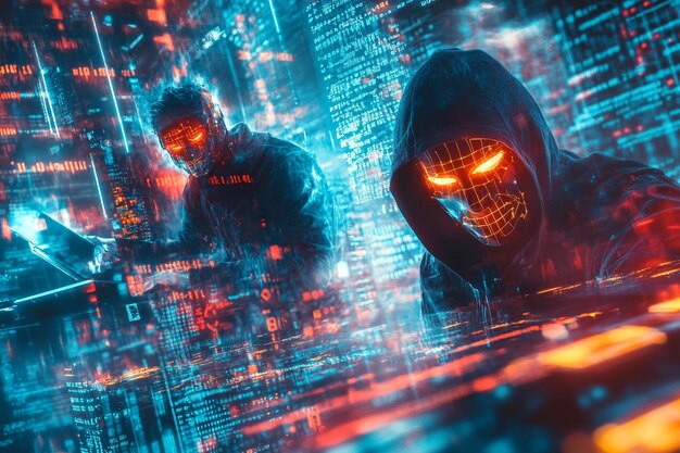 Photo une bataille entre deux hackers dans un paysage numérique éclairé par le néon