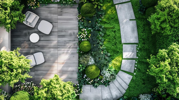 Photo un beau jardin avec une terrasse en bois et un chemin en pierre