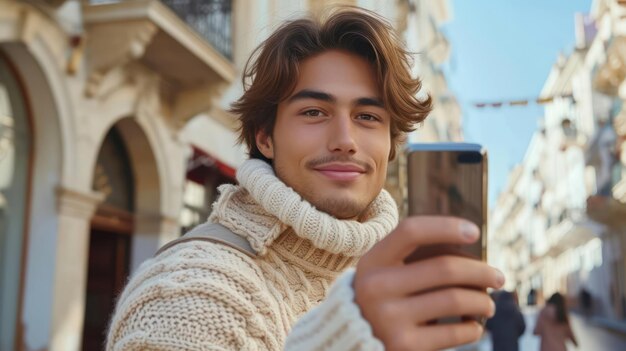 Photo un beau jeune homme prend en toute confiance des selfies sous le ciel bleu pâle.