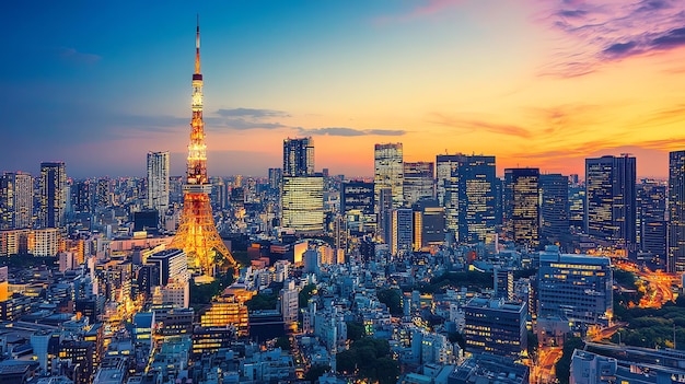 Photo beau paysage urbain de tokyo au coucher du soleil avec la tour de tokyo éclairée au loin