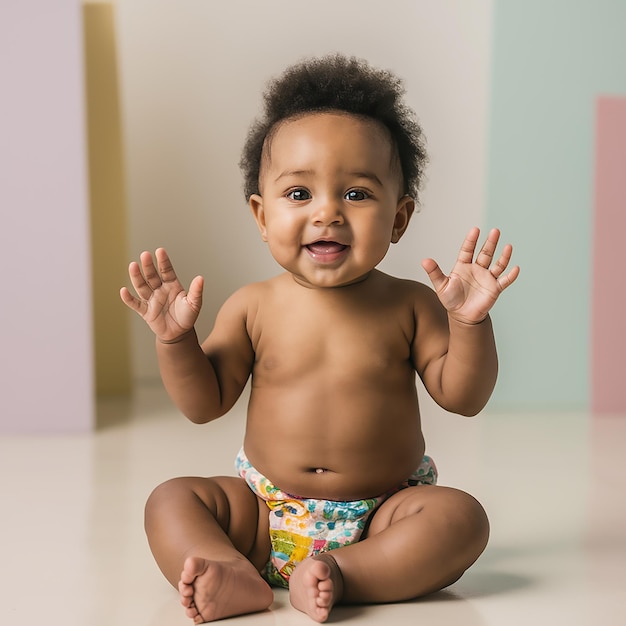 un bébé est assis sur un comptoir blanc avec un fond coloré