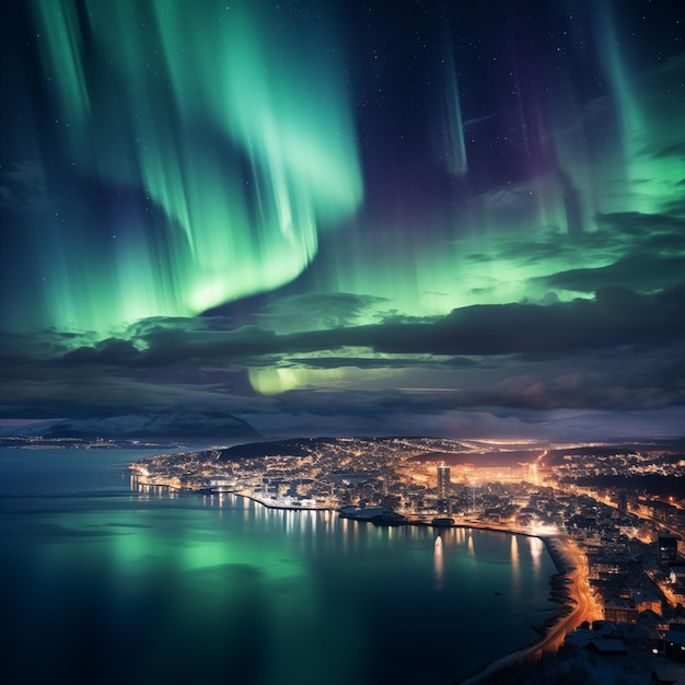 Photo belle aurore boréale au-dessus de la ville la nuit