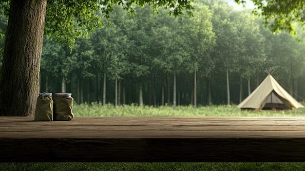 Photo une belle table en bois se trouve au premier plan alors que le soleil se lève sur une tente dans une forêt luxuriante qui invite à une expérience paisible en plein air.