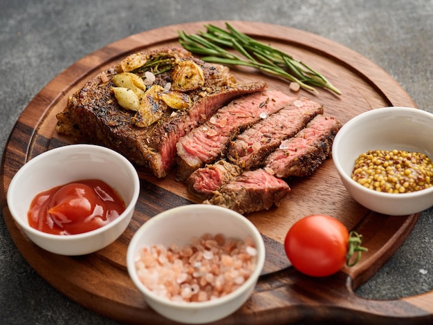 Bifteck de Ribeye rare moyen ou bifteck de boeuf sur le plateau en bois avec des herbes