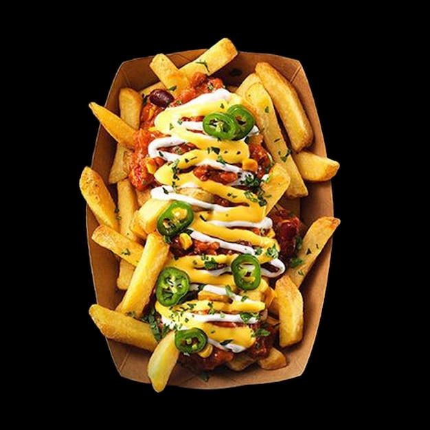 Photo une boîte de frites avec piment et jalapenos sur le dessus