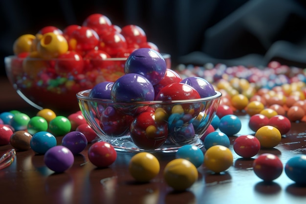 Un bol de bonbons colorés est posé sur une table.